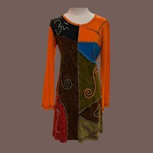 Vintage Boho Hippie Patchwork Cotton Long-Sleeve Mini Dress - Size L
